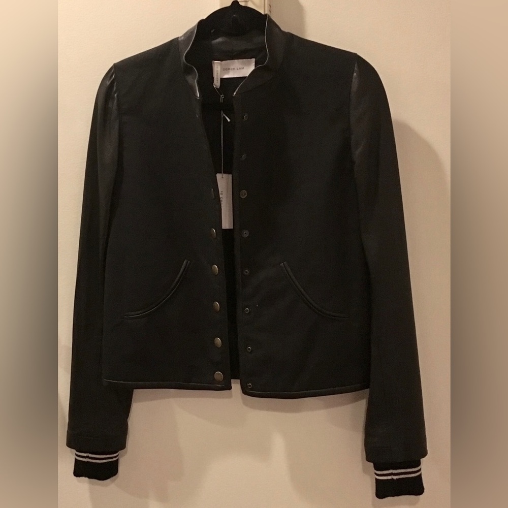NWOT Derek Lam 10 Crosby Black Cotton Varsity Jket, Leather Sleeves Ribbed Cuffs